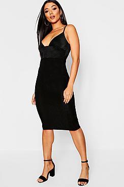 Boohoo Velvet Rib Plunge Neck Midi Dress