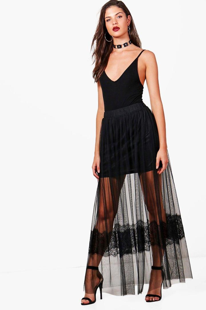Boohoo Makala Eyelash Lace Tulle Maxi Skirt Black