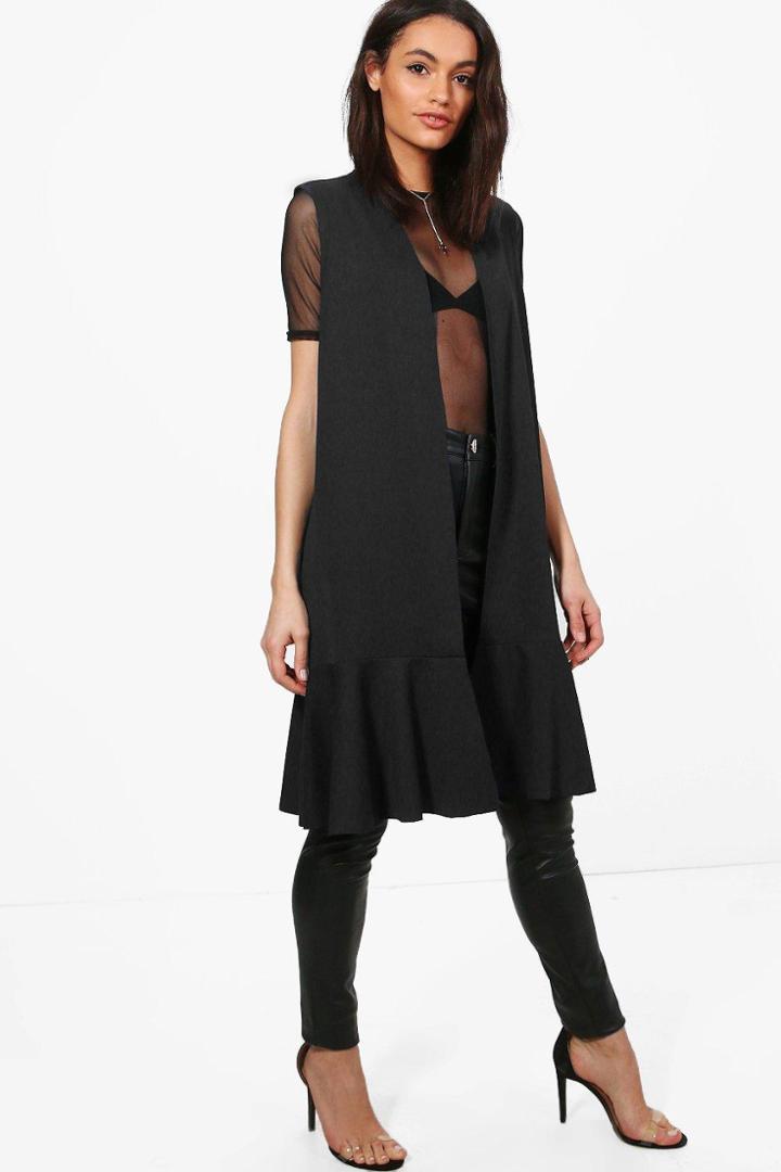 Boohoo Karina Sleeveless Frill Hem Duster Black