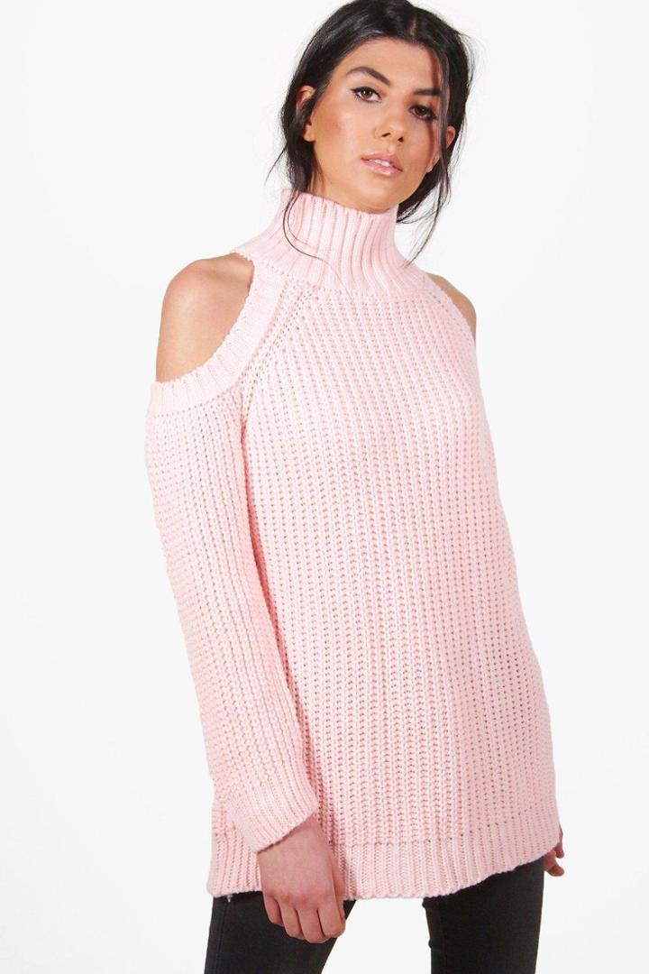 Boohoo Hannah Funnel Neck Cold Shoulder Jumper Blush