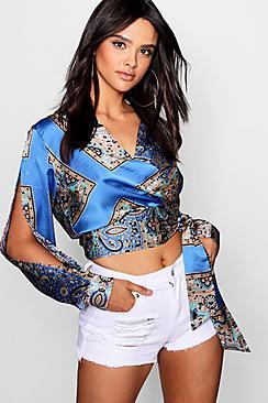 Boohoo Lexi Satin Scarf Print Tie Front