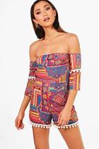 Boohoo Georgia Off Shoulder Tie Print Pom Pom Playsuit