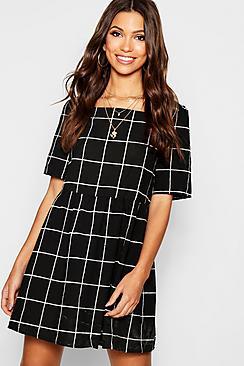 Boohoo Textured Check Square Neck Smock Dress