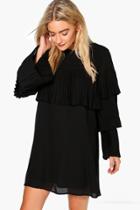 Boohoo Lara Pleated Frill Detail Shift Dress Black