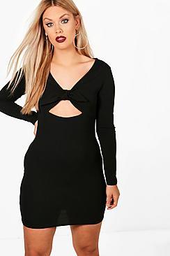 Boohoo Plus Crepe Tie Bow Front Bodycon Dress