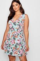 Boohoo Plus Sara Tropical Print Wrap Skater Dress