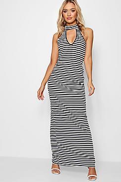 Boohoo Sorena Cut Out Neckline Stripe Rib Maxi Dress