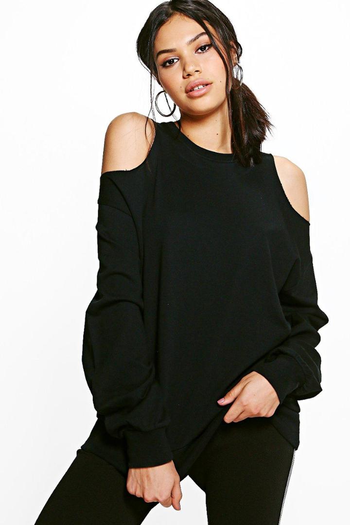 Boohoo Esme Extreme Cold Shoulder Sweat Shirt Black