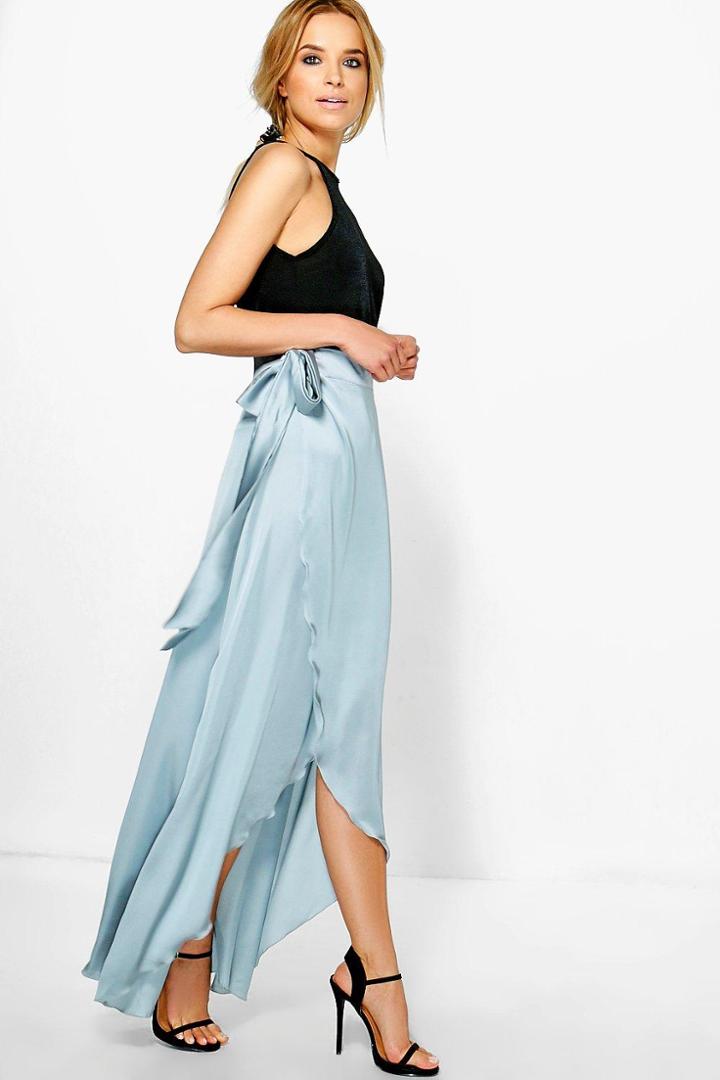 Boohoo Lola Wrap Front Dip Hem Satin Maxi Skirt Dove