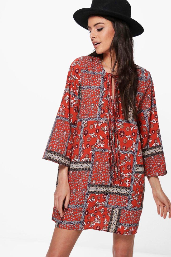 Boohoo Lola Tie Front Paisley Western Shift Dress Rust