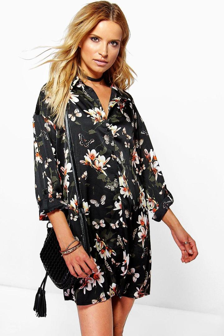 Boohoo Lissandra Floral Shirt Dress Black