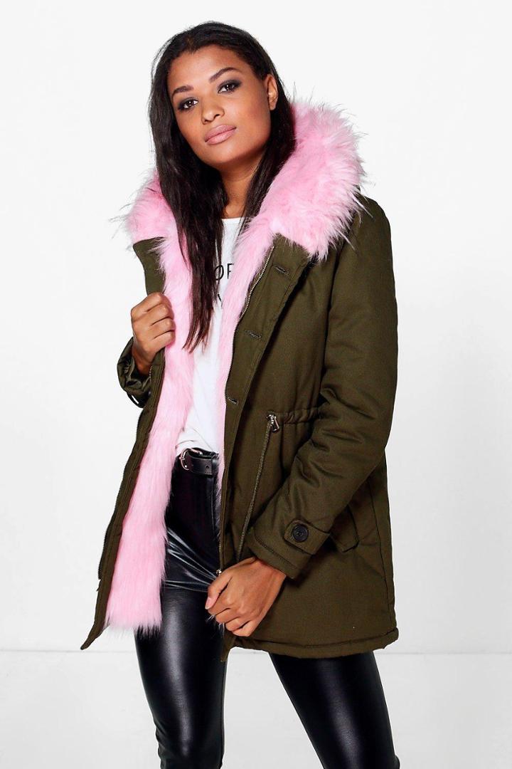 Boohoo Boutique Eliza Faux Fur Hood Parka Blush