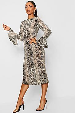 Boohoo Snake Print Flared Sleeve Midi Dress