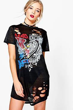 Boohoo Violet Distressed Spliced Print Band T-shirt Dress