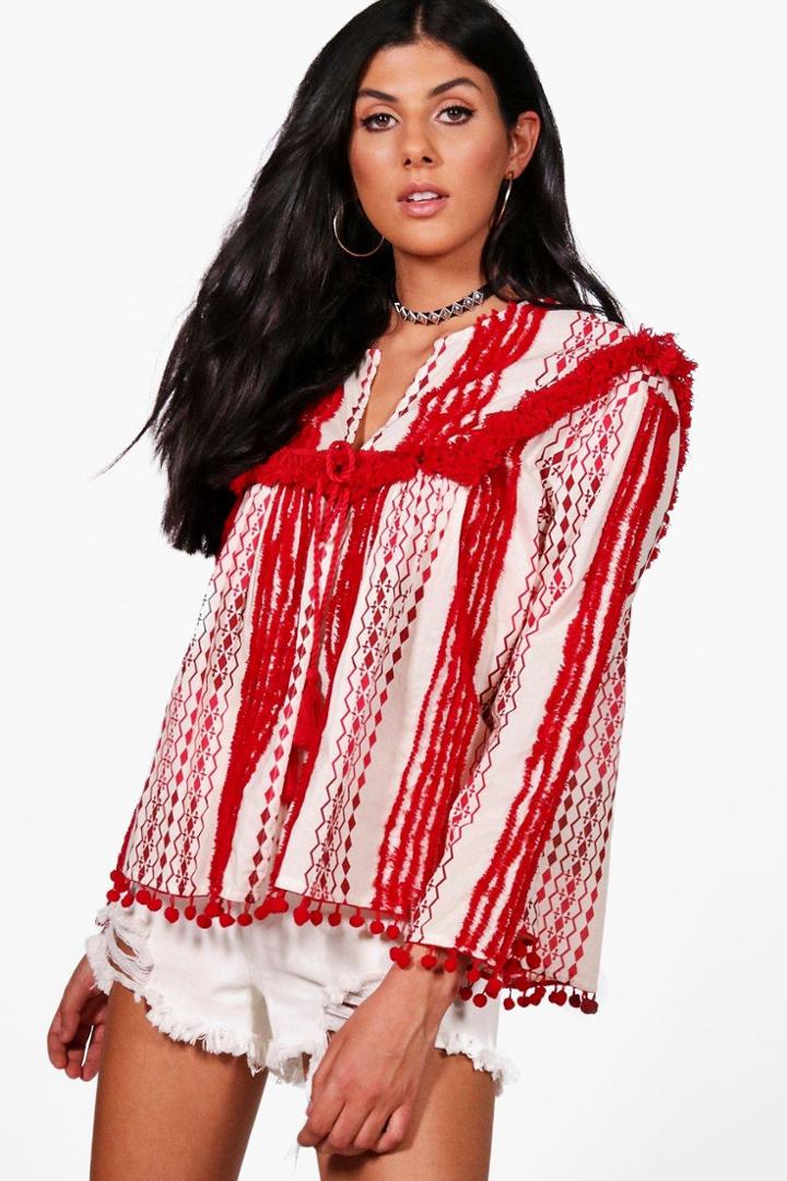 Boohoo Robyn Ikat Print & Tassle Tie Neck Top Red