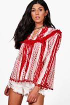 Boohoo Robyn Ikat Print & Tassle Tie Neck Top Red