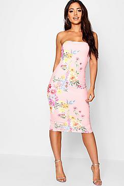 Boohoo Boutique Pink Floral Bandeau Midi Dress