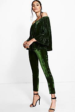 Boohoo Lucie Velvet Off The Shoulder Trouser Co-ord