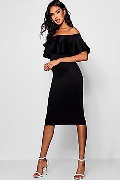 Boohoo Bardot Layered Frill Detail Midi Dress