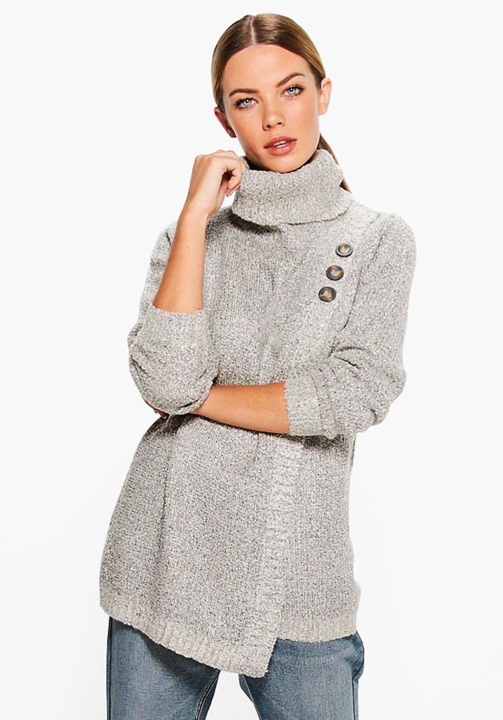 Boohoo Tia Cowl Neck Button Detail Jumper Grey