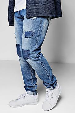 Boohoo Mid Blue Tonal Patchwork Jean In Tapered