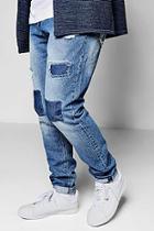 Boohoo Mid Blue Tonal Patchwork Jean In Tapered