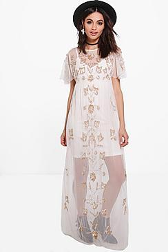 Boohoo Boutique Eli Embellished Sheer Maxi Dress