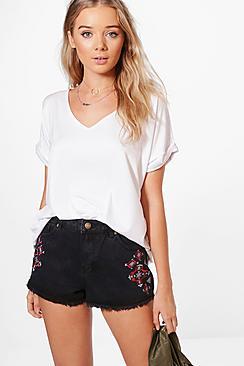 Boohoo Kendra Aztec Embroidery Denim Shorts