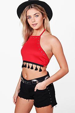 Boohoo Eva Eyelet Tassle Trim Tie Crop