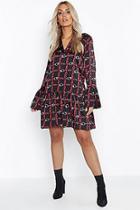Boohoo Plus Satin Chain Print Ruffle Smock Dress
