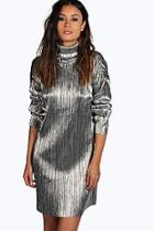 Boohoo Allie Pleated High Neck Metallic Shift Dress