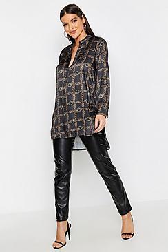 Boohoo Satin Chain Print Oversized Collarless Shirt