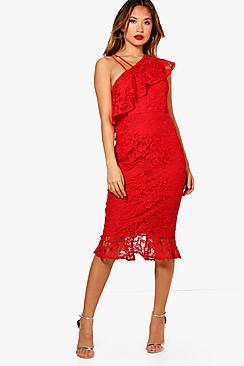 Boohoo Carmen Lace Frill Detail Midi Dress