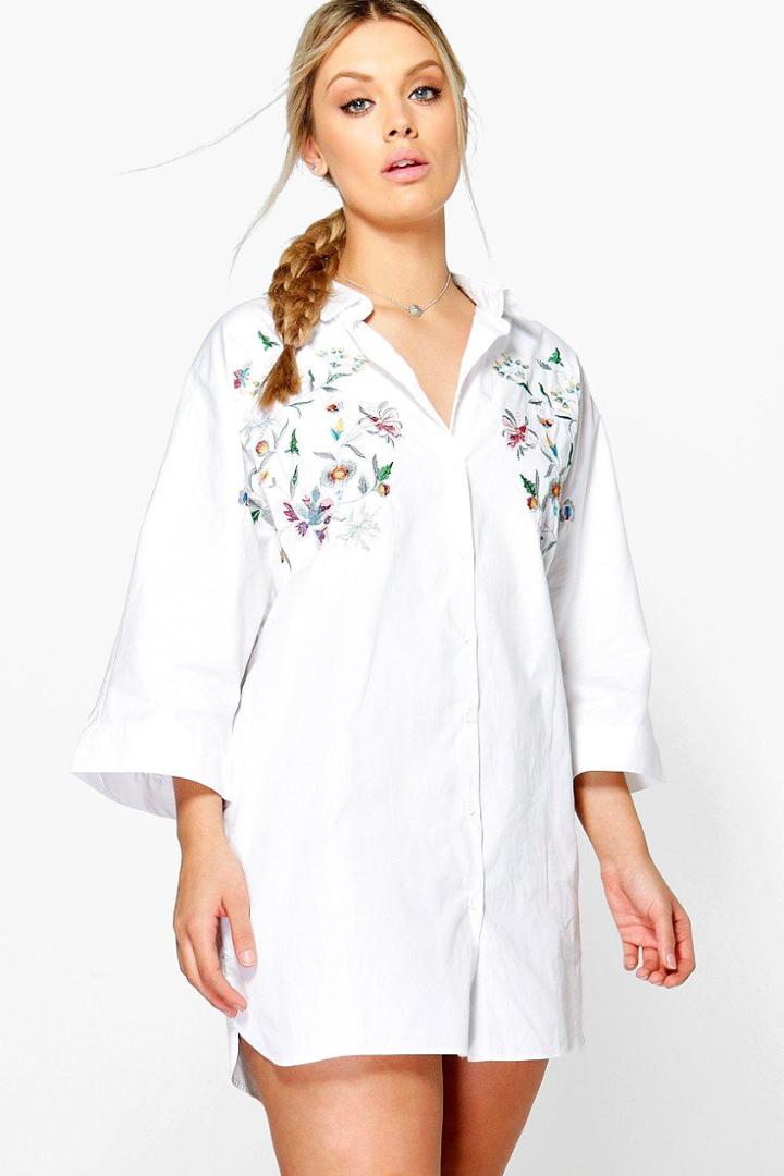 Boohoo Plus Blair Embroidered Shirt Dress White