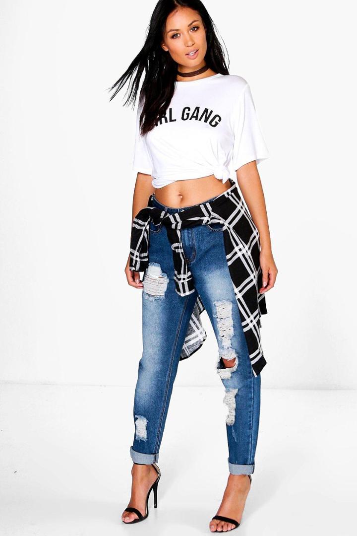 Boohoo Sophie High Waist Distress Mom Jeans Stonewash