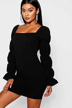 Boohoo Square Neck Shirred Sleeve Detail Bodycon Dress