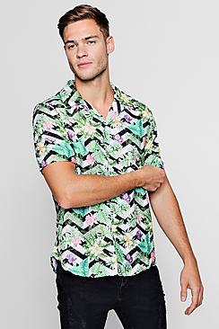 Boohoo Floral Chevron Short Sleeve Revere Shirt