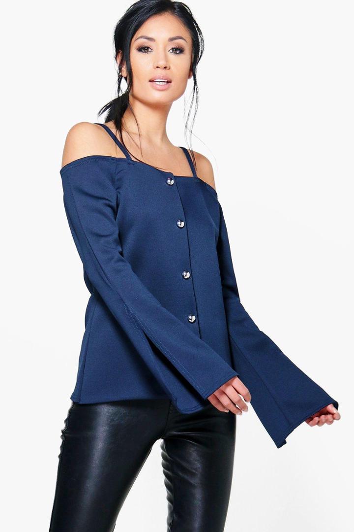 Boohoo Phoebe Off The Shoulder Blazer Navy