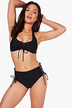 Boohoo Barbados Lace Up High Waist Crop Bikini