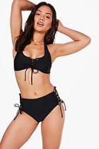 Boohoo Barbados Lace Up High Waist Crop Bikini