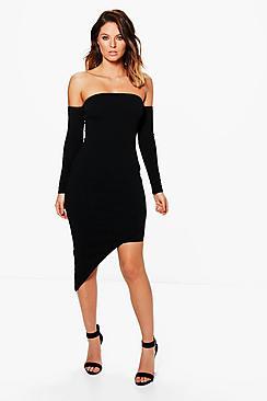 Boohoo Lulu Off Shoulder Asymmetric Midi Dress