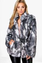 Boohoo Plus Liv Patchwork Faux Fur Coat With Pu Belt Multi