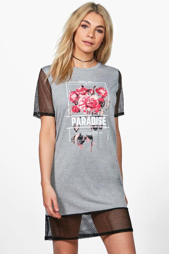 Boohoo Leah Mesh Sleeve Printed T-shirt Dress Grey