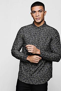 Boohoo Aztec Geo Print Long Sleeve Satin Shirt
