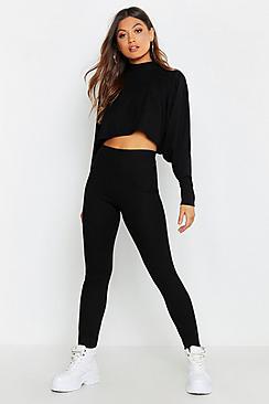Boohoo Crop Batwing Boxy Rib Knit Lounge Set