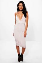 Boohoo Misse Strappy Plunge Slinky Midi Dress Stone