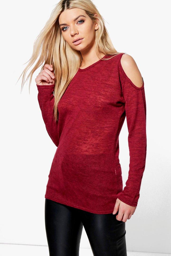 Boohoo Saskia Slub Cold Shoulder Top Wine