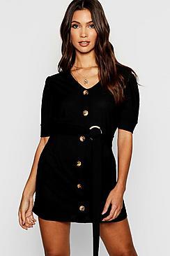 Boohoo Puff Sleeve Button Front Shift Dress