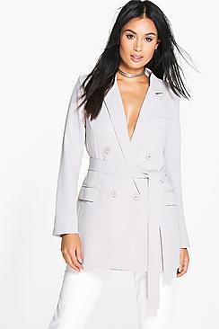 Boohoo Lauren Woven Double Breasted Belted Blazer