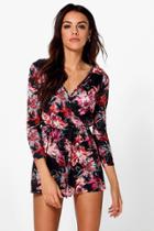 Boohoo Anna Floral Print Wrap Front Playsuit Black